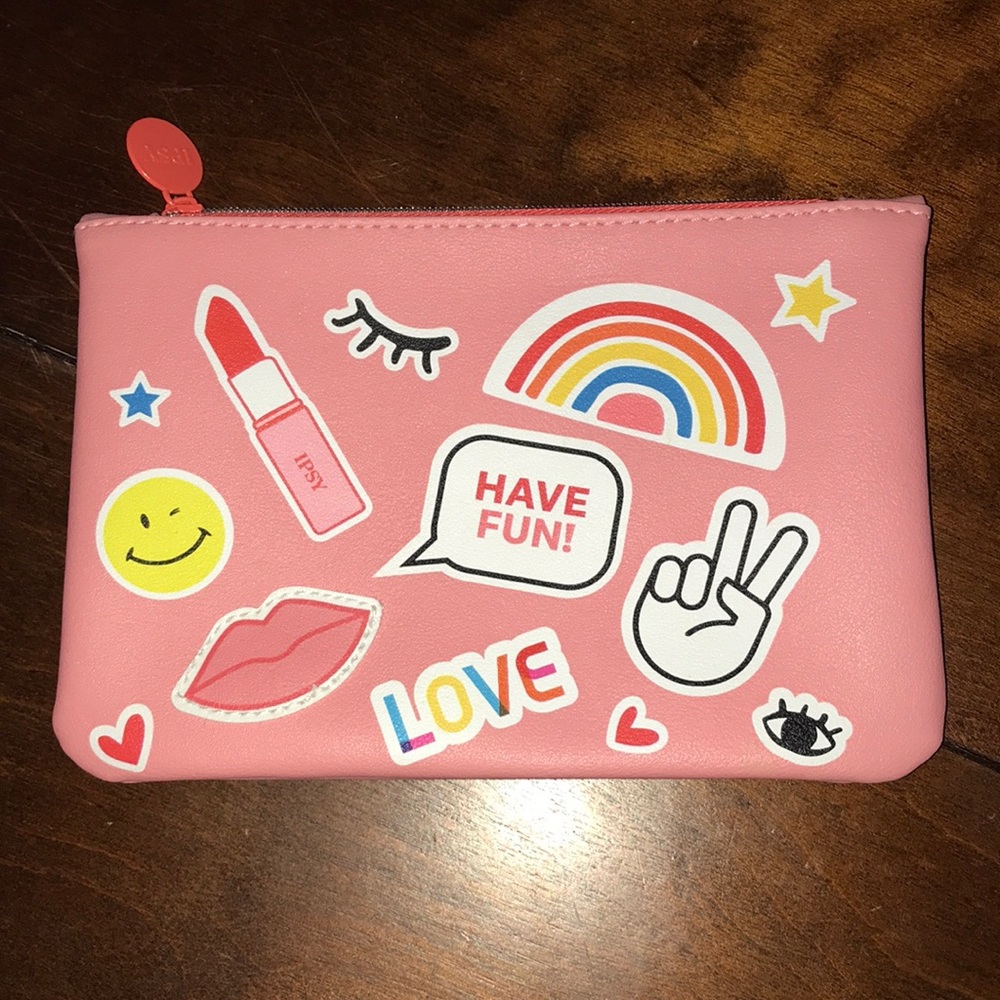 Ipsy Pink Peace Love Rainbow Lipstick Zippered Make Up Travel Cosmetic Bag